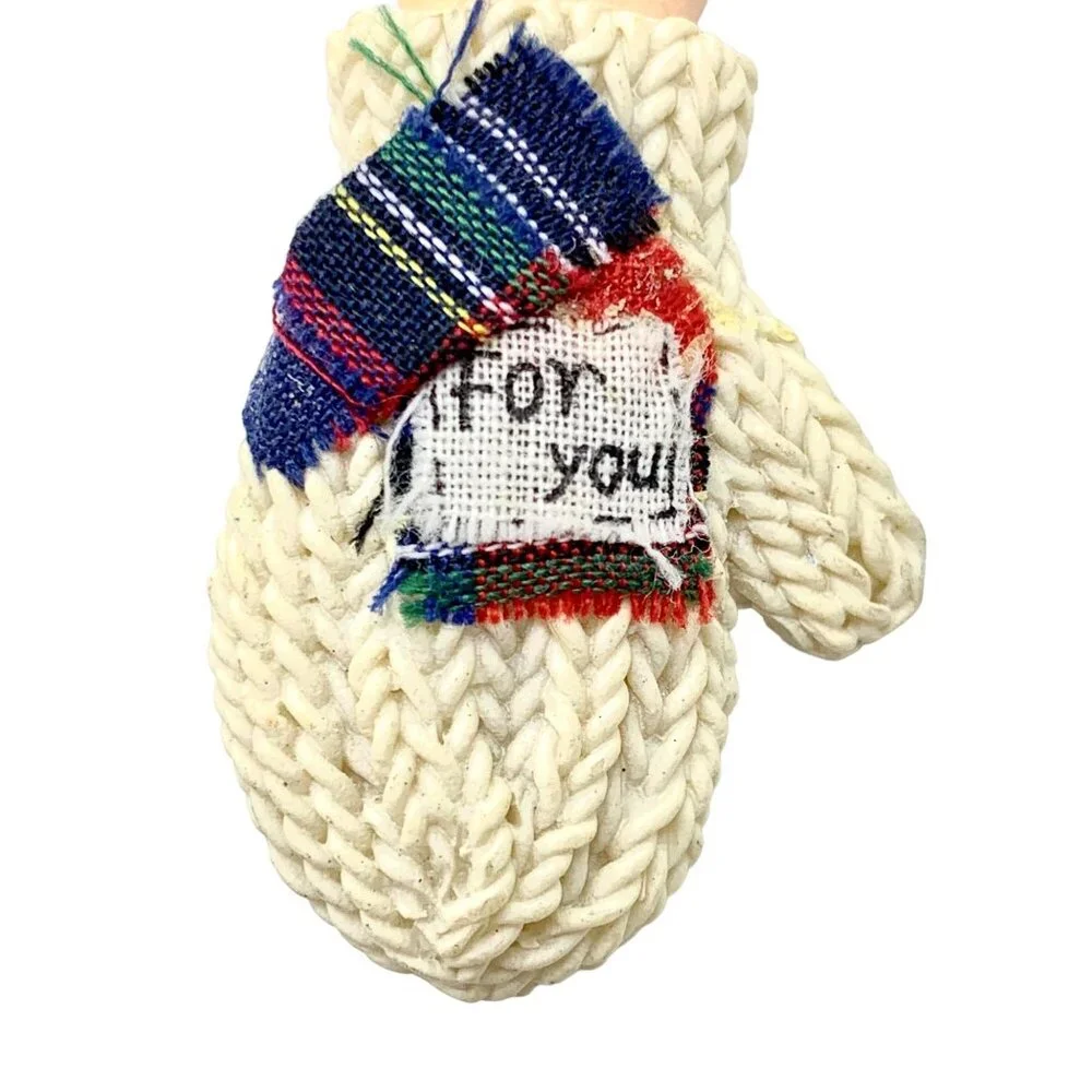 Santa Handmade Mitten Hand Brooch Pin “For You” Christmas Folk Art Mustache